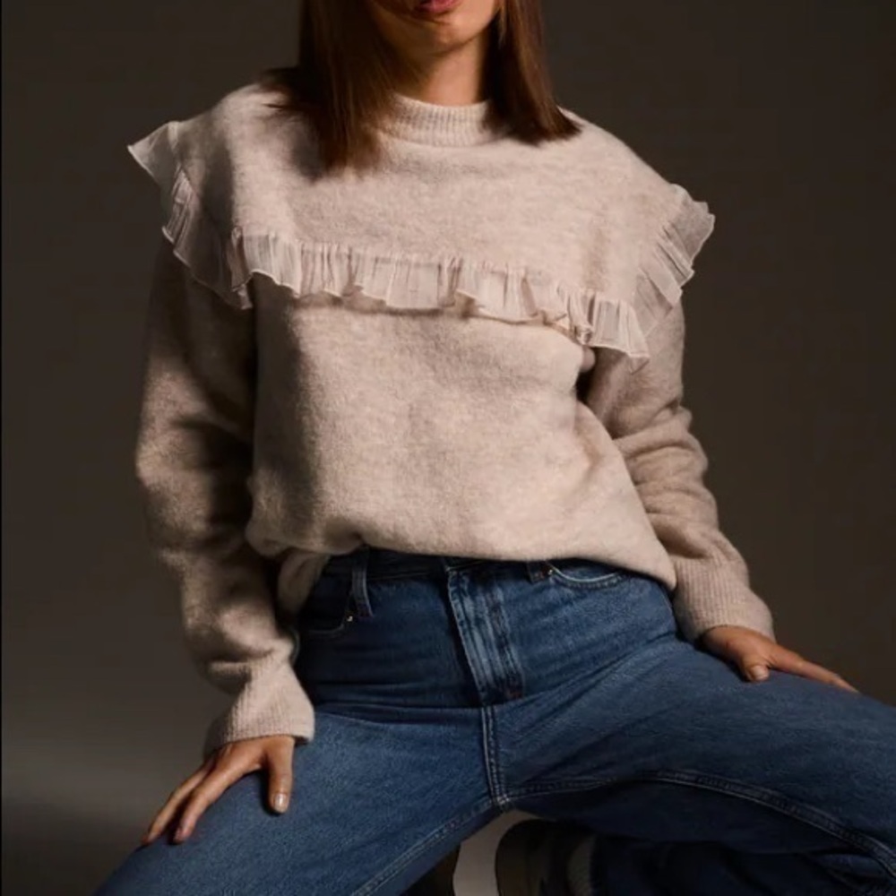 Zara Combination Organza Knit Ecru Sweater Size Medium